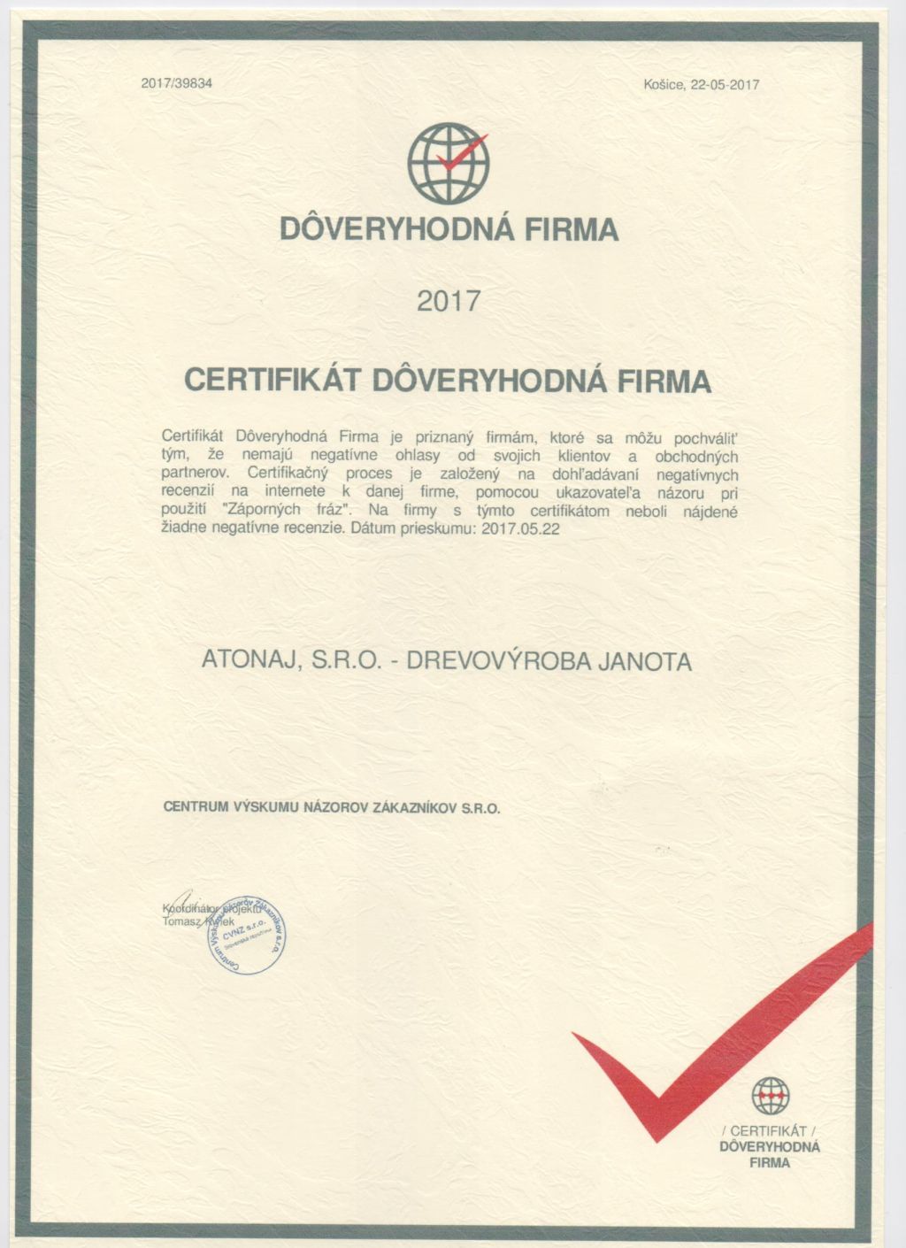 Certifikát Dôveryhodná firma